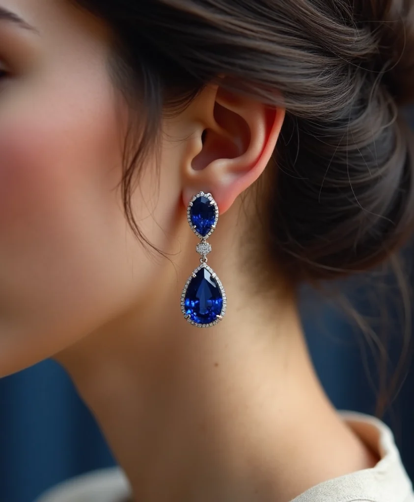 femme portant des boucles d'oreilles en saphir
